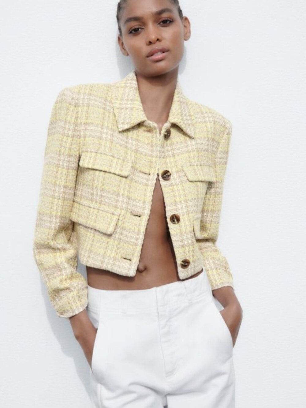 Zara Yellow and Beige Tweed Textured Cropped Blazer Size S